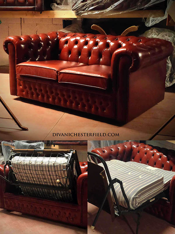 Divano chesterfield due posti con letto, meccanismo e manifattura eccellente, pelle Premium Burgundy